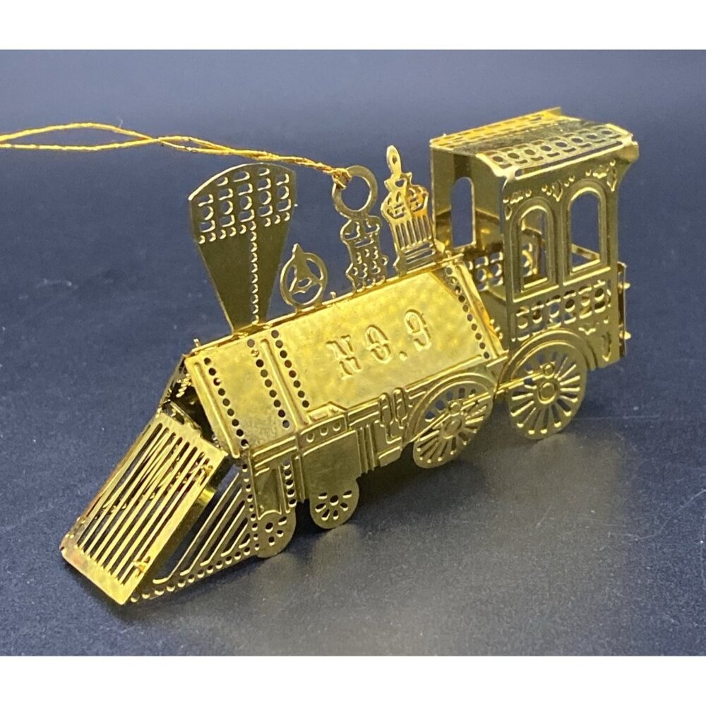 Lot 2 Vintage Metal Train Ornaments Red 4-Car Magnetic Gold Brass Locomotive - Picture 2 of 9